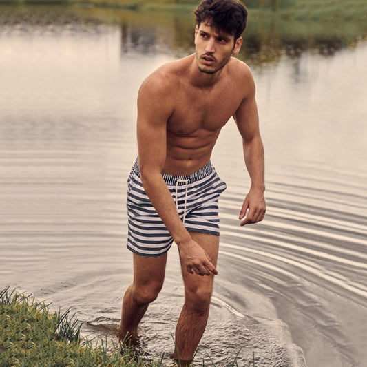 Blue and White Striped Swim Trunks by Ilot