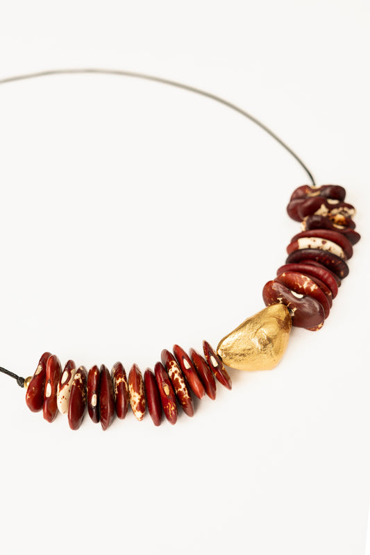 Celestino Gold Necklace Featuring White, Red, and Dalmatian Beans