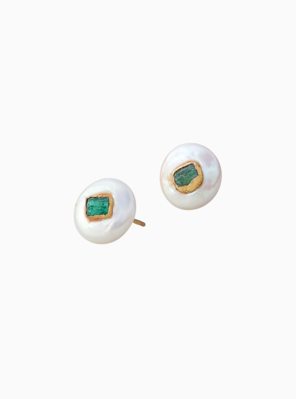Maya Pearl Studs by Fenomena gold plated pearls and raw emeralds 