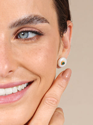 Maya Pearl Studs by Fenomena gold plated pearls and raw emeralds 