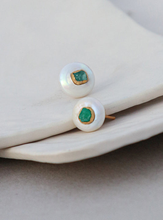 Maya Pearl Studs by Fenomena gold plated pearls and raw emeralds 