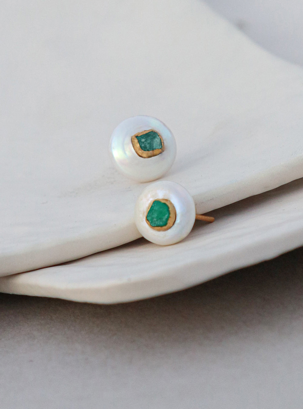 Maya Pearl Studs by Fenomena gold plated pearls and raw emeralds 