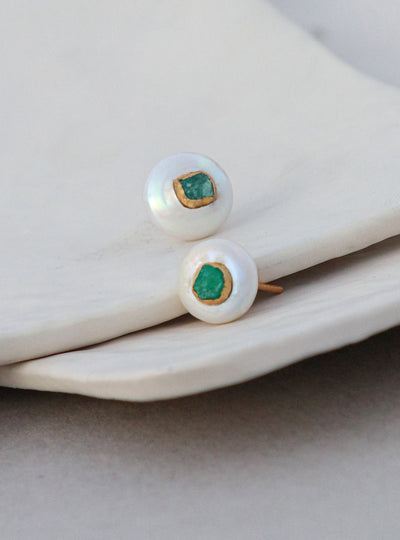 Maya Pearl Studs by Fenomena gold plated pearls and raw emeralds 