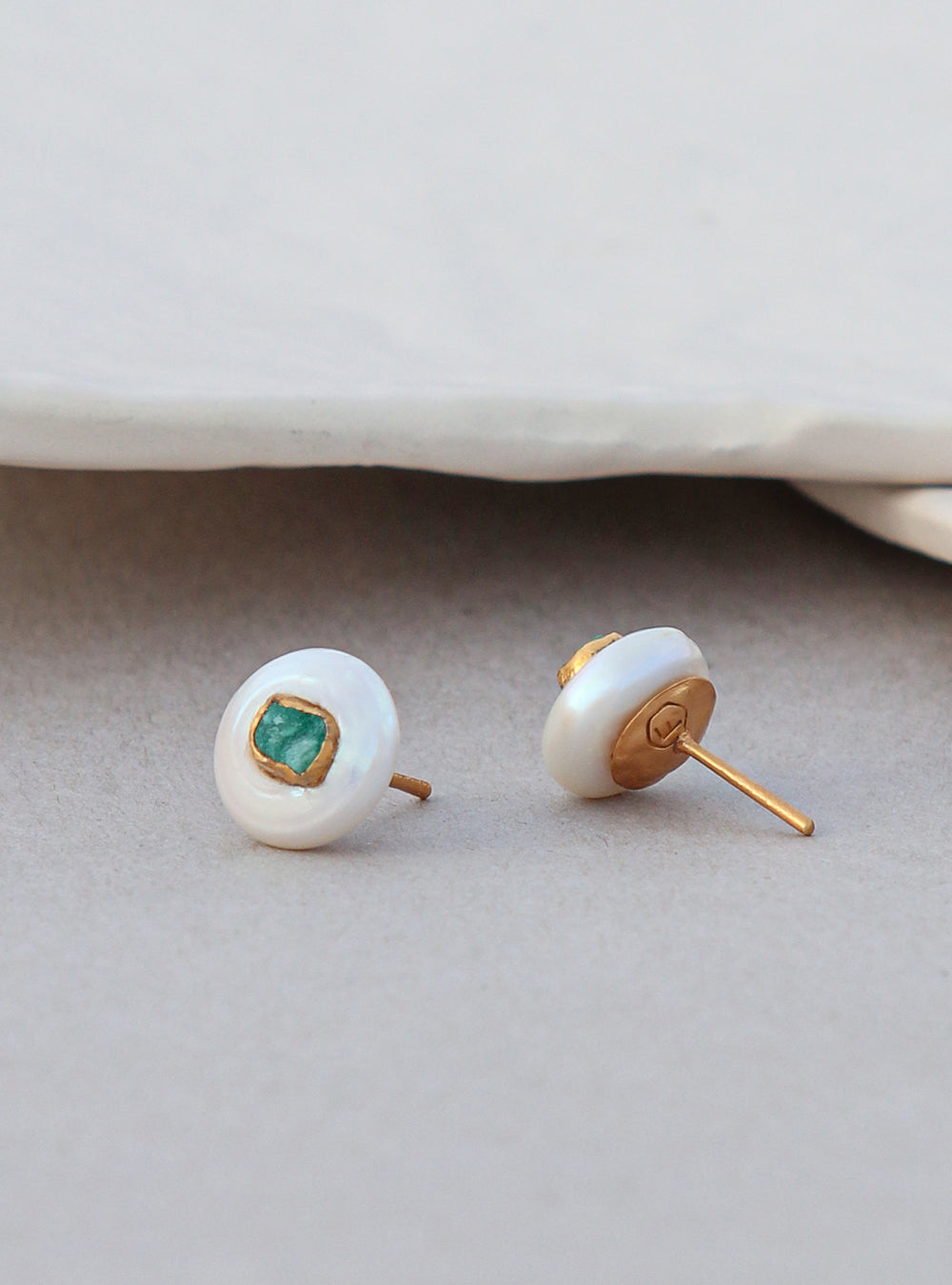 Maya Pearl Studs by Fenomena gold plated pearls and raw emeralds 
