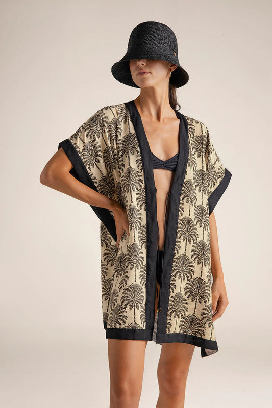 Palm-Print Linen-Trim Poncho Style Cover-Up by Touché