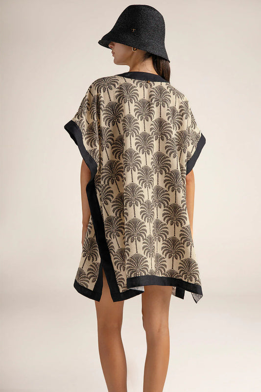Palm-Print Linen-Trim Poncho Style Cover-Up by Touché
