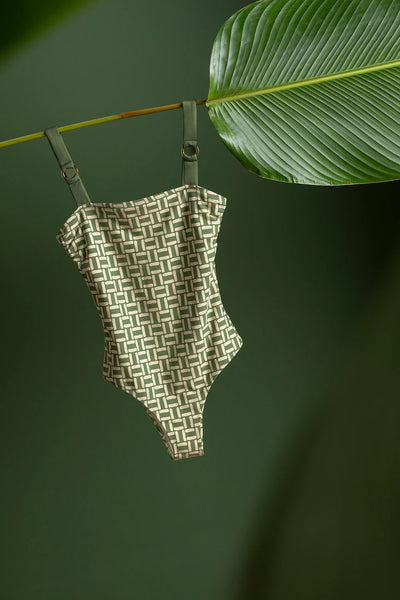 One Piece in green and Off White Pattern
