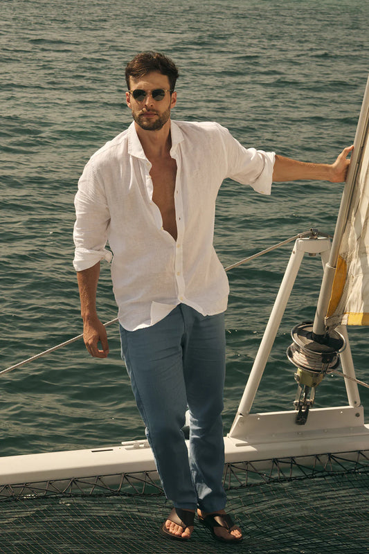 Linen Classic Fit Dry Blue Pants by Ilot