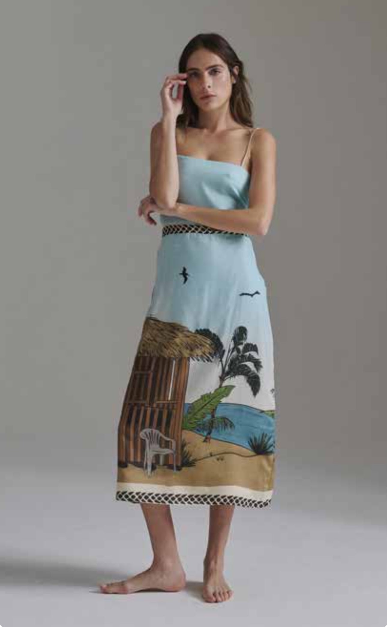 Juan De Dios Nativa Cotton Silk Midi Dress Sky Blue Print