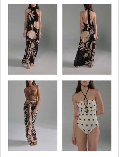 Juan De Dios Costa Pacifica Crepe Chine Dress Halter Black & Beige Gladolos