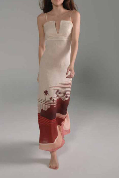 Juan de Dios Antigua Linen Midi Dress in Red Abarescque