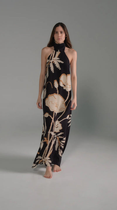 Juan De Dios Costa Pacifica Crepe Chine Dress Halter Black & Beige Gladolos