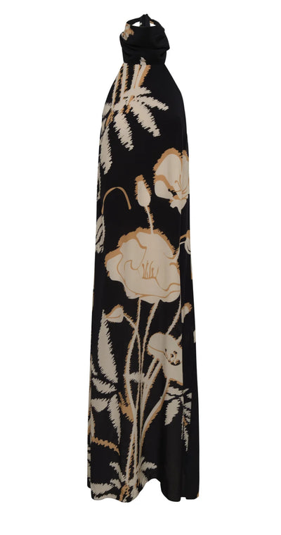 Juan De Dios Costa Pacifica Crepe Chine Dress Halter Black & Beige Gladolos