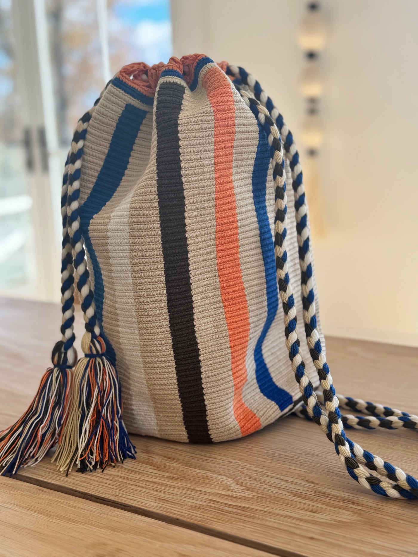 Mochila Wayuu Back Pack (Sand with color lines)