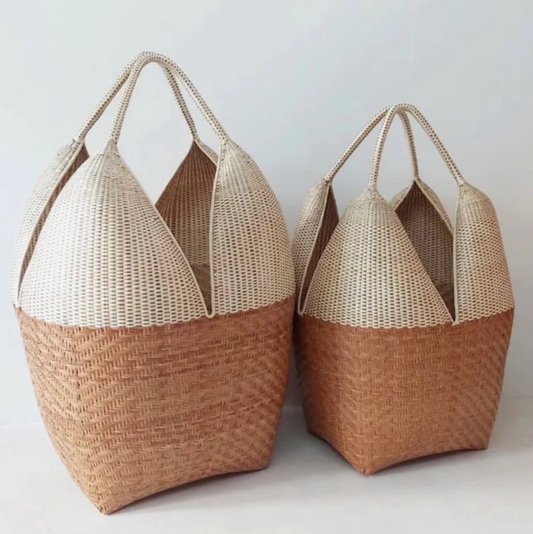 Paja Tetera Tote Basket known as Cuatro Tetas in Two-Tone Natural