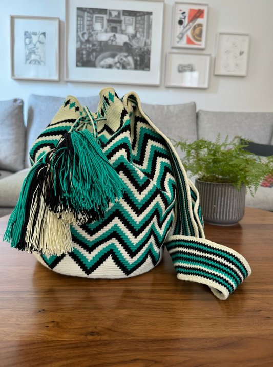Hand Woven Wayuu Mochila Medium - Black/Aqua