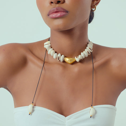Celestino Gold Necklace Featuring White, Red, and Dalmatian Beans